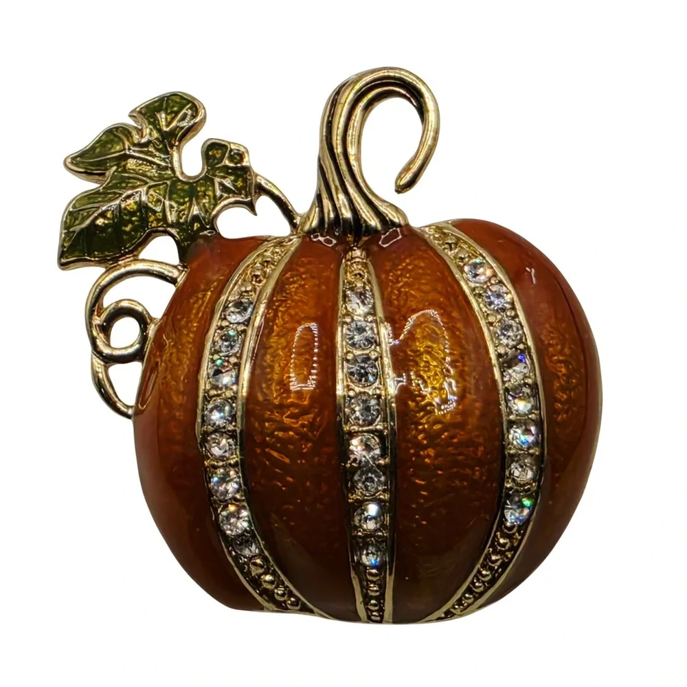 NAPIER Heavy Enamel Gold Tone Clear Rhinestone Pumpkin Pin Brooch Harvest Fall
